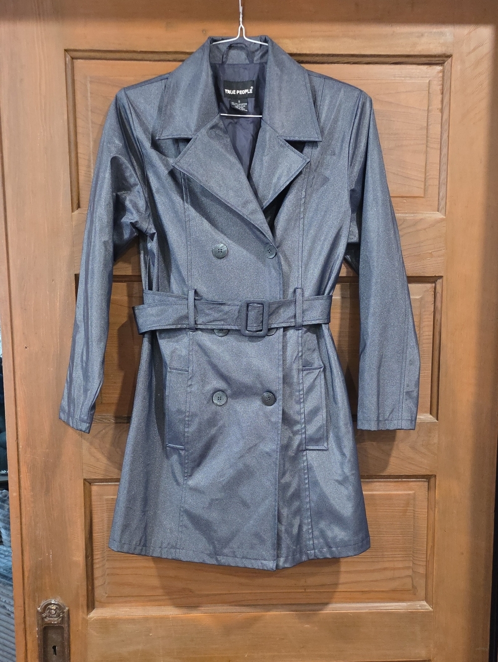 TRUE PEOPLE Metallic Gray Double-Breasted Trench Coat with Belt